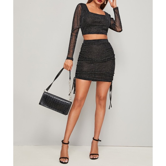 Black Silver Glitter Mesh Side Ruched 2 Piece Set - Picture 3 of 6